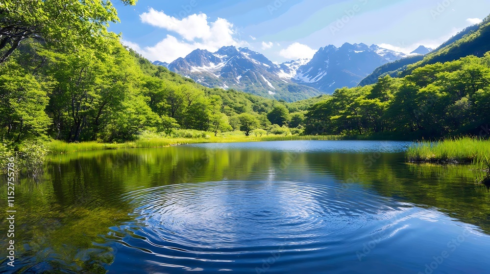 Fototapeta premium Serene mountain lake reflecting snow-capped peaks under a vibrant blue sky.