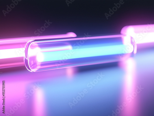 A close-up of glowing neon tubes in pink and blue tones, creating a vibrant futuristic aesthetic with soft reflections on a sleek surface.

 photo