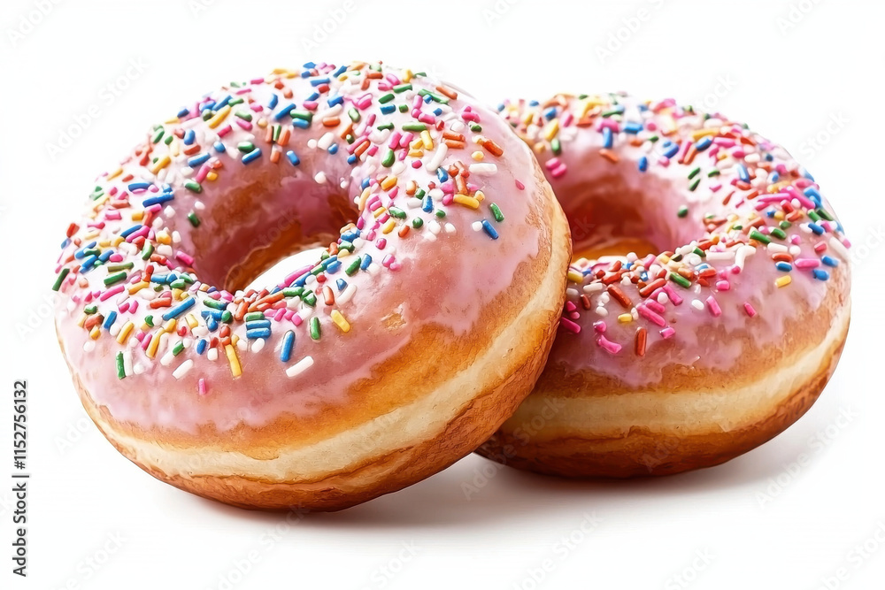 Two pink frosted donuts with colorful sprinkles on top isolated design on white background Two pink frosted donuts with colorful sprinkles on top isolated design on white background
