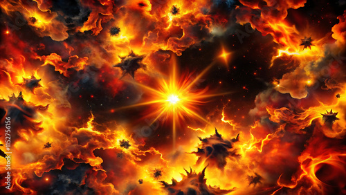 Fiery orange and red flames explode in a dynamic 3D animation, creating a hot, burning inferno of light and energy photo