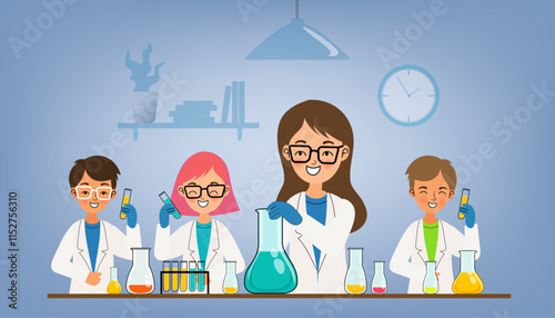 A team of happy scientists or students works in a chemistry lab with beakers and test tubes. This fun cartoon concept represents teamwork, research, and STEM education.