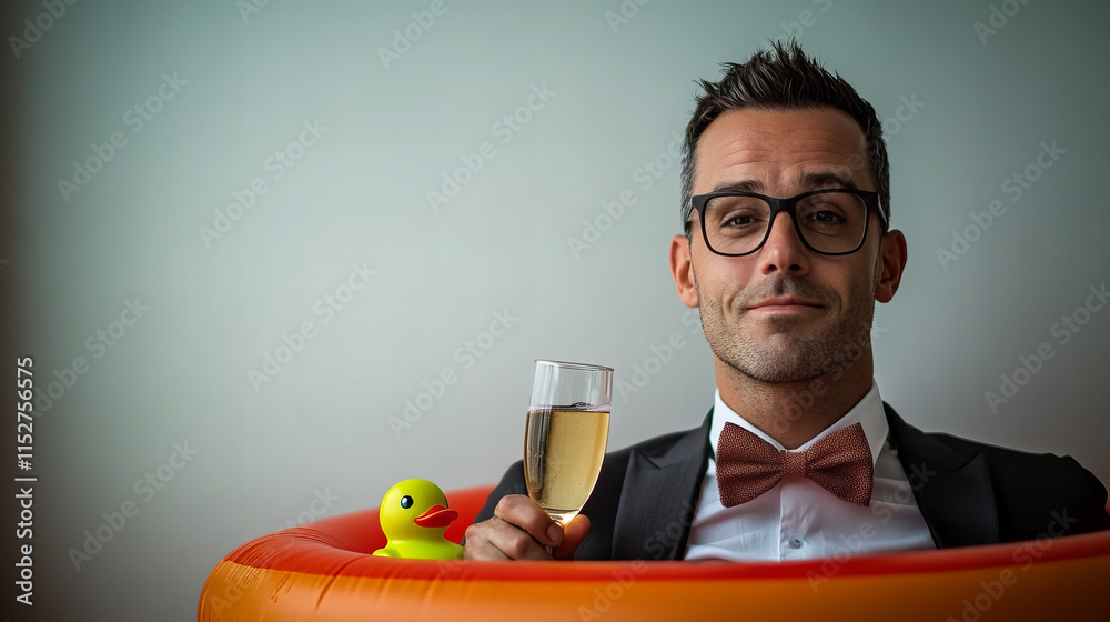 Man in tuxedo enjoys champagne in inflatable pool with rubber duck Man in tuxedo enjoys champagne in inflatable pool with rubber duck