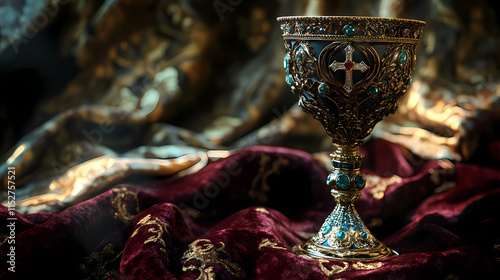 Chalice with gemstones and a cross on a velvet-covered table, regal, luxurious. Chalice. Illustration photo