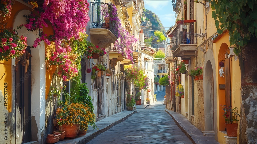 Fototapeta premium A sunlit Italian alleyway adorned with vibrant flowers