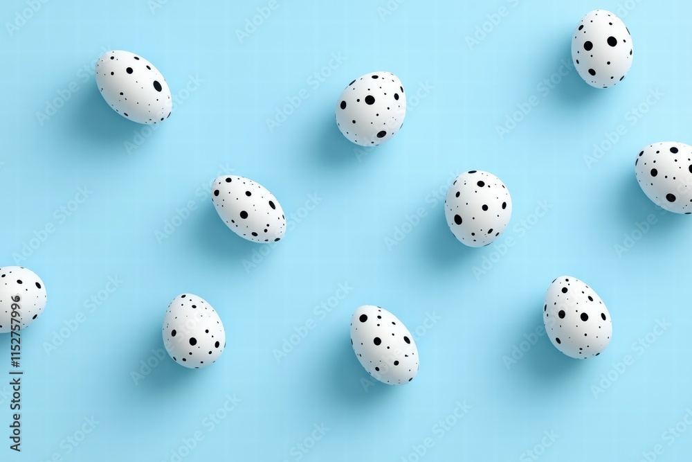Flat Lay of Easter Eggs with Black Polka Dots on Light Blue Background Flat Lay of Easter Eggs with Black Polka Dots on Light Blue Background
