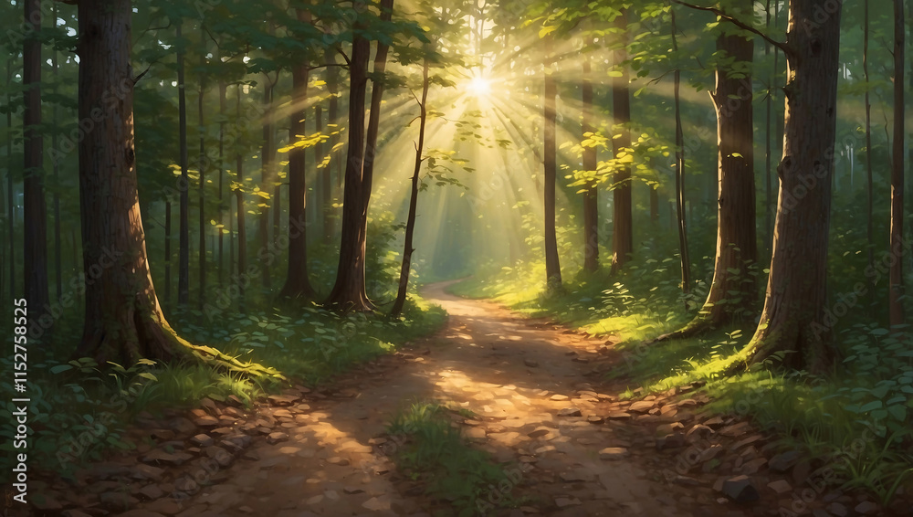 Fototapeta premium Romantic Forest Trail with Sunlit Glow