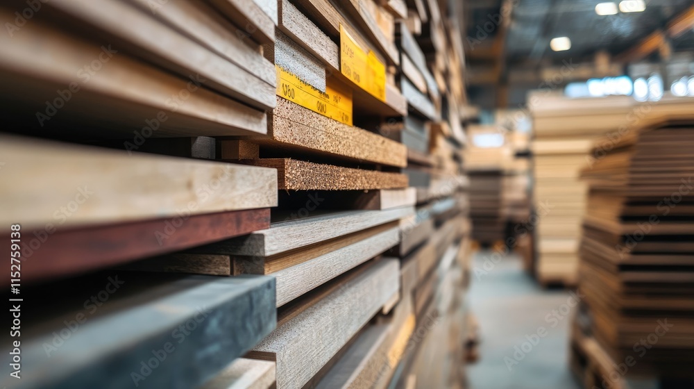Fototapeta premium Stacked Plywood and Wood Products in a Warehouse