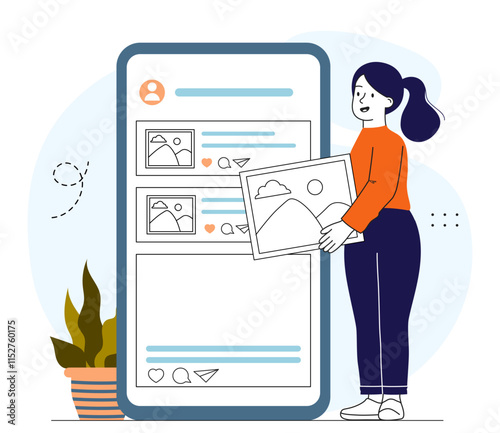 Woman post photo. Young girl uploads photos on social networks and messengers. Influencer and popular blogger. Profile and account. Talented content creator. Linear vector illustration