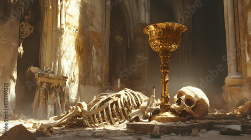 A golden ornate chalice sits atop a bony skeleton that lies on an altar in an abandoned cathedral , dusty, holy. Chalice. Illustration