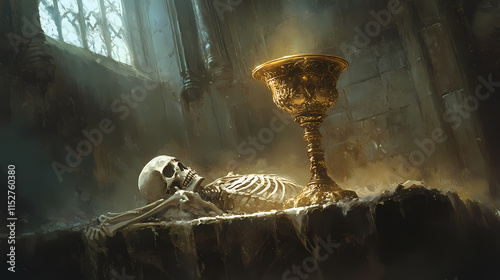 A golden ornate chalice sits atop a bony skeleton that lies on an altar in an abandoned cathedral , dusty, holy. Chalice. Illustration