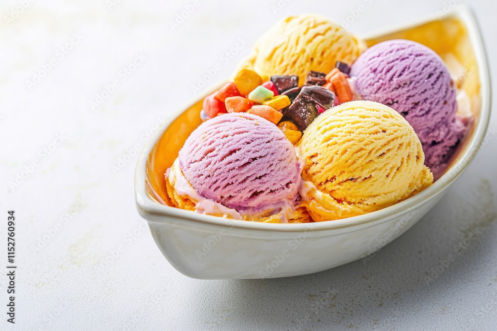 Fototapeta premium Colorful ice cream sundae in boat shaped dish with toppings isolated design on white background