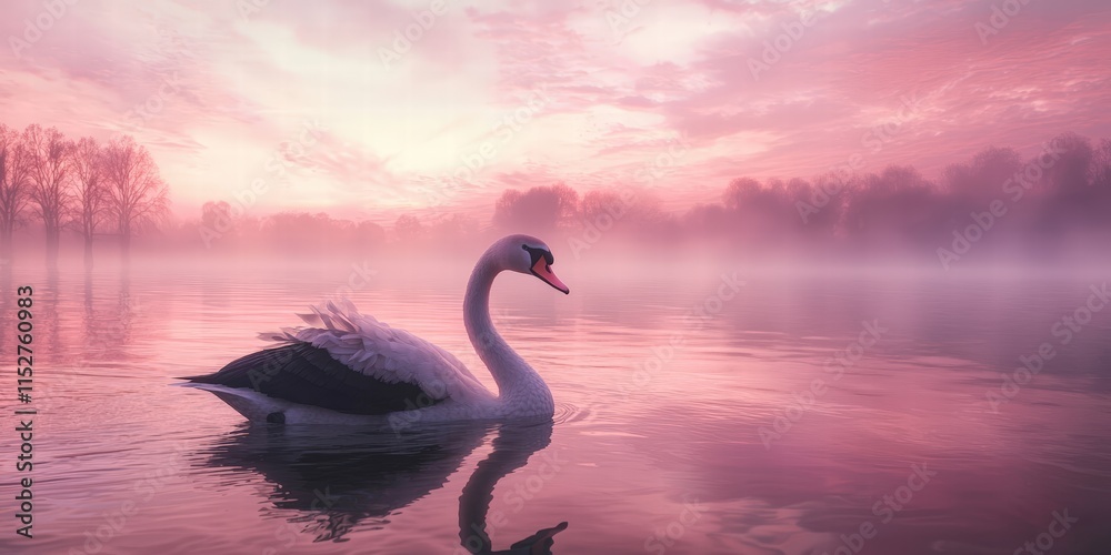 Fototapeta premium Elegant swan swimming at sunrise in pink mist