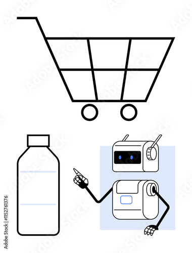 Shopping cart plastic bottle, and futuristic robot interacting. Ideal for e-commerce, online shopping, automation, robotics, retail innovation, AI integration, supermarket. Line metaphor