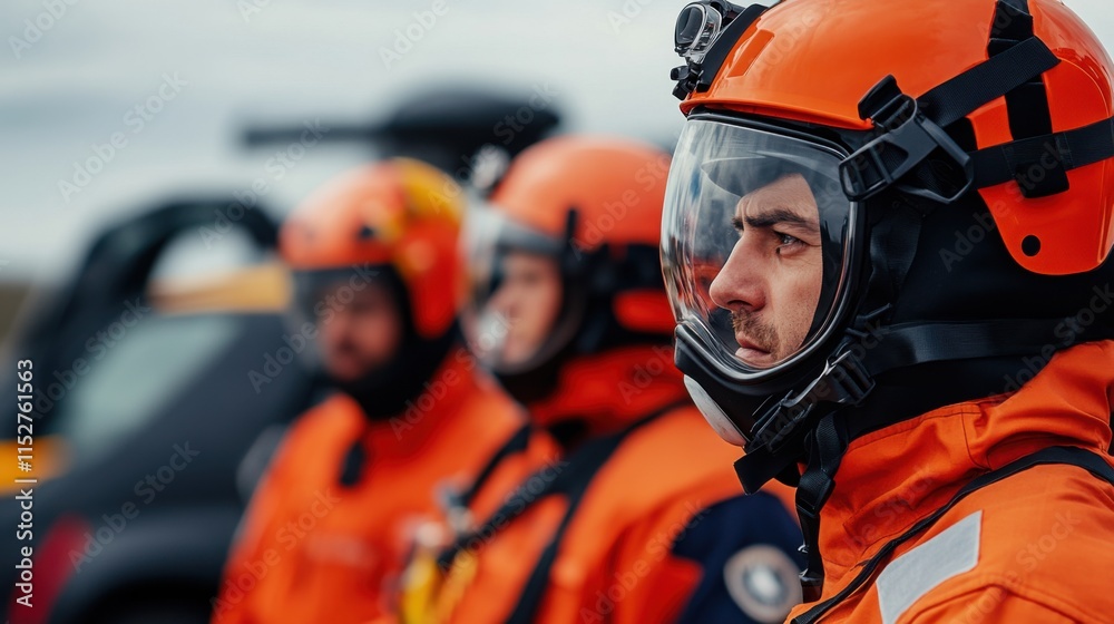 Emergency Response Team Members in Bright Orange Gear Ready for Action at a Search and Rescue Operation Emergency Response Team Members in Bright Orange Gear Ready for Action at a Search and Rescue Operation