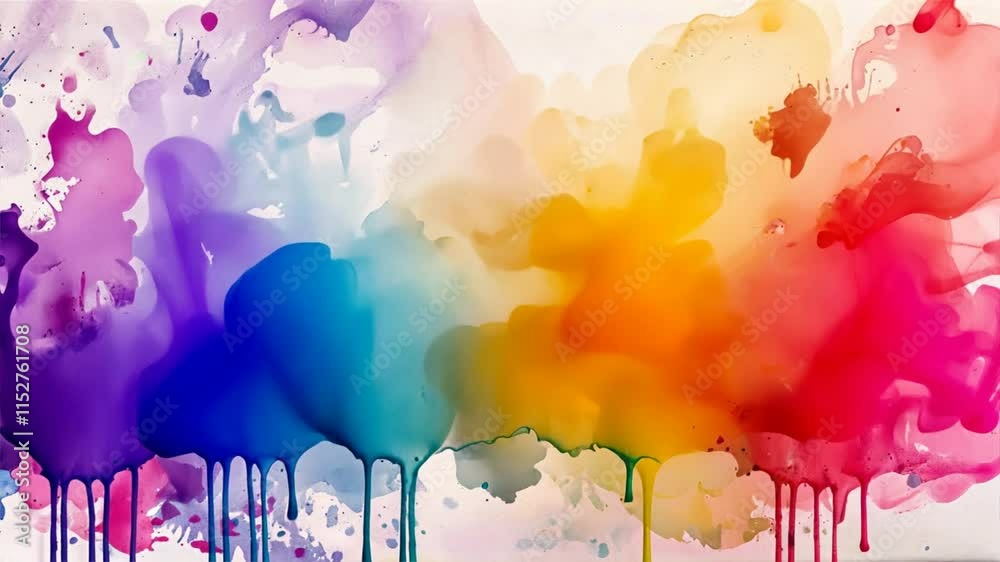 Vibrant abstract watercolor splash with colorful rainbow hues, blending dynamic textures of purple, pink, blue, and green, creating energetic art background for creative projects.