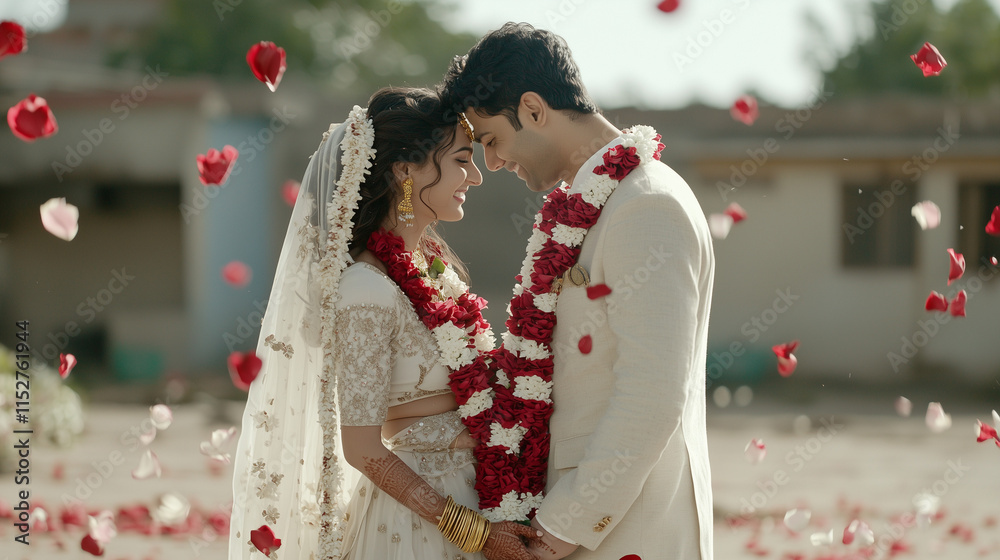 Obraz premium Forever in Bloom: A romantic Indian wedding couple shares a tender moment amidst falling rose petals, their love story unfolding in a picturesque outdoor setting. 