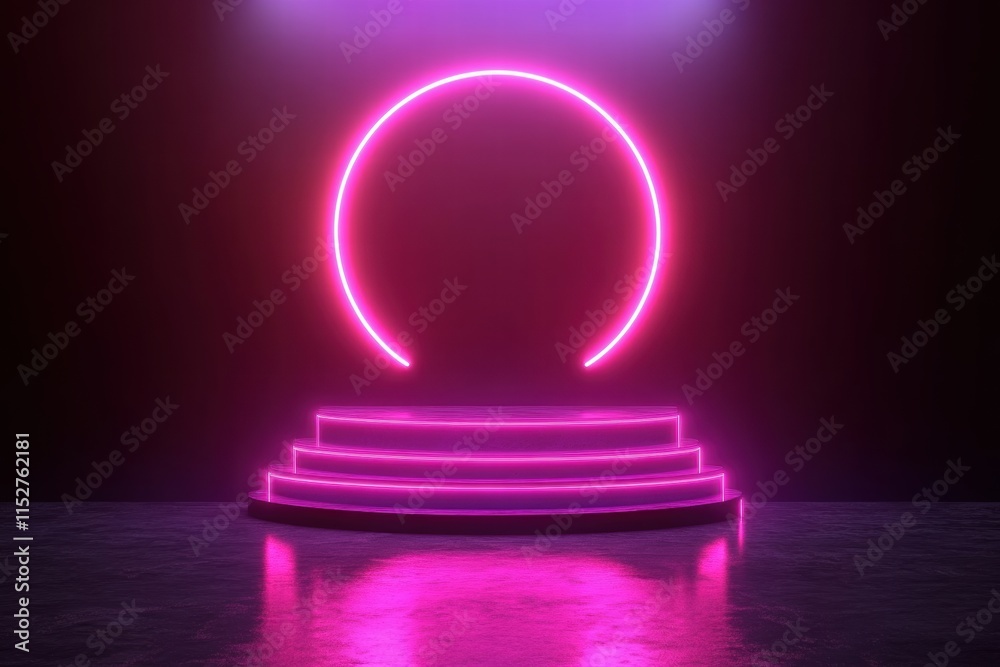 Pink Neon Circle and Steps on Dark Reflective Surface Pink Neon Circle and Steps on Dark Reflective Surface