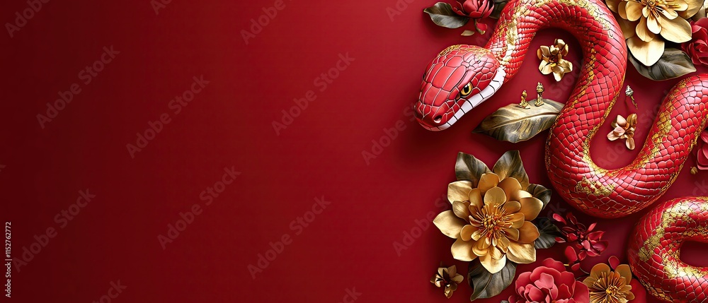 Fototapeta premium Festive snake illustration with red and gold accents, honoring Lunar Chinese New Year 2025