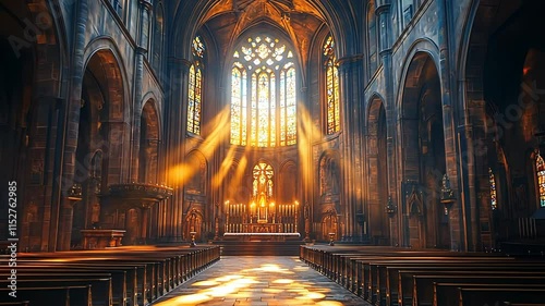 Sunlight streams through stained glass windows of a gothic cathedral