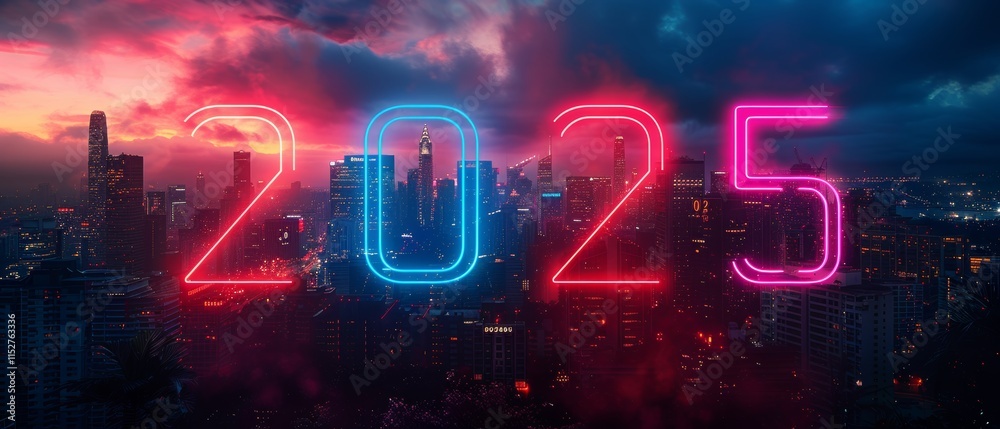 Neon 2025 digits over a cityscape at night. Neon 2025 digits over a cityscape at night.