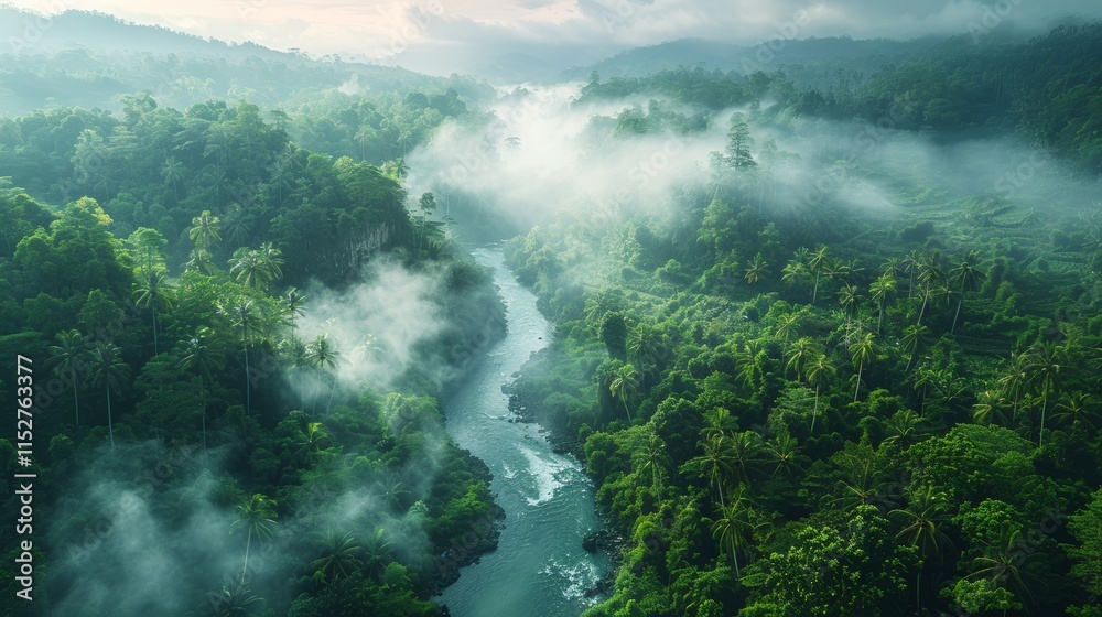 Misty river flowing through lush green jungle valley at sunrise. Misty river flowing through lush green jungle valley at sunrise.