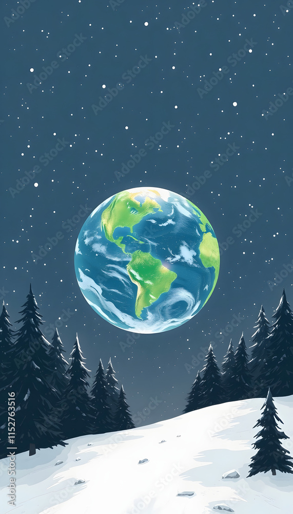 Naklejka premium the earth at the December solstice, hand-drawn digital illustration, with white tones