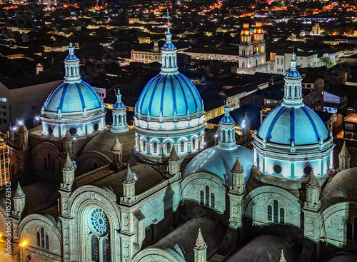 New cathedral of cuenca showing majestic domes illuminated at night