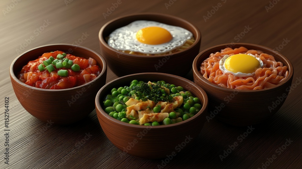 A vibrant image featuring three bowls of different types of noodle dishes. A vibrant image featuring three bowls of different types of noodle dishes.