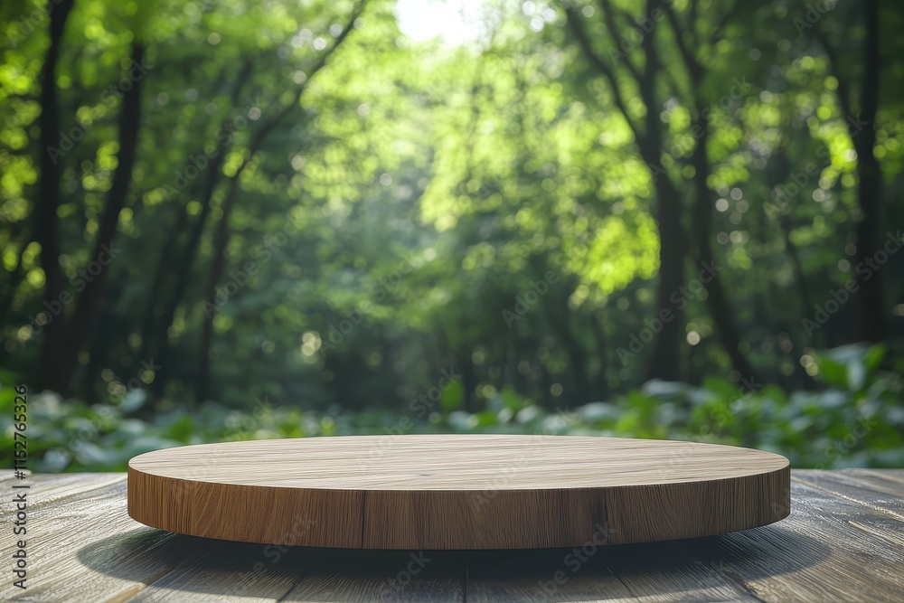 Wooden round display platform in forest. Wooden round display platform in forest.