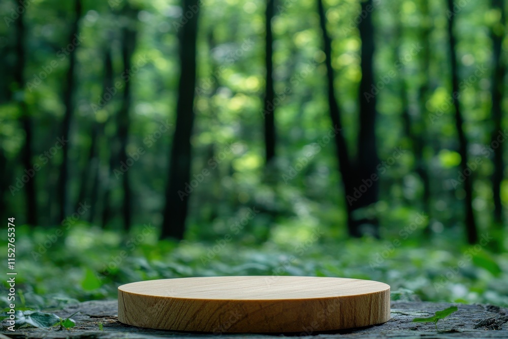 Wooden round display platform in forest setting. (1) Wooden round display platform in forest setting. (1)