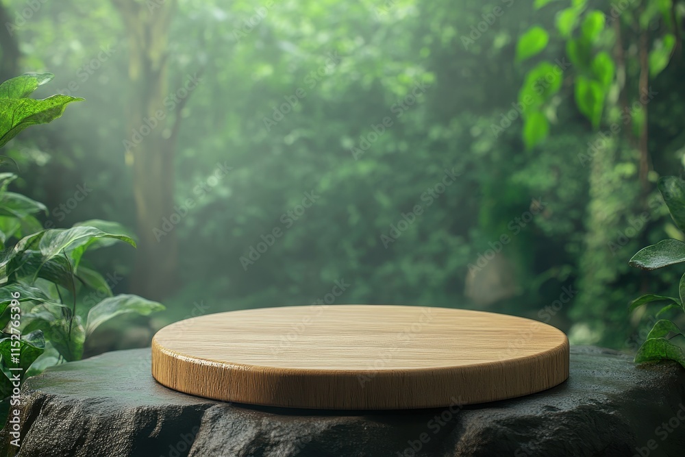 Wooden display platform on rock in forest. Wooden display platform on rock in forest.