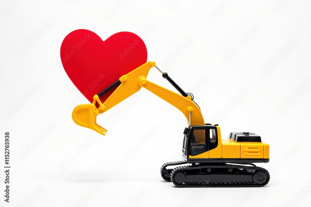 Fototapeta premium Adorable Yellow Excavator Holding a Red Heart - Perfect for Valentine's Day, Love, and Construction Themed Gifts
