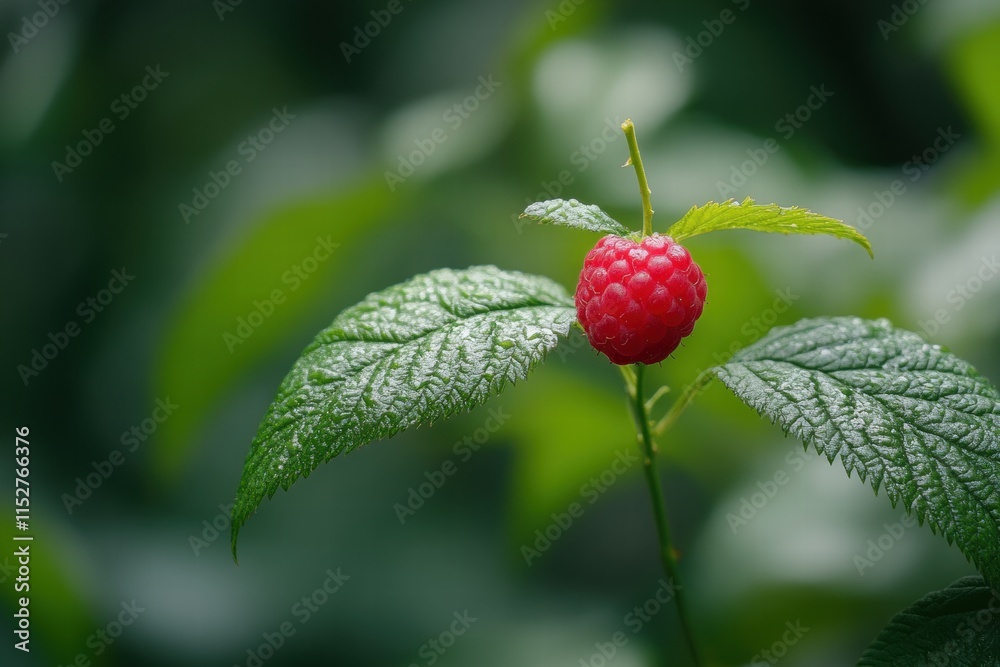 Single Raspberry on Branch with Green Leaves Single Raspberry on Branch with Green Leaves