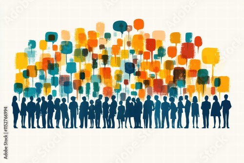 Diverse Group of People Communicating, Abstract Speech Bubbles