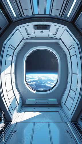 White blue spaceship futuristic interior with window view on planet Earth 3d rendering, comic art