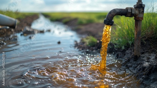 Polluted water flowing from rusty tap into ditch.