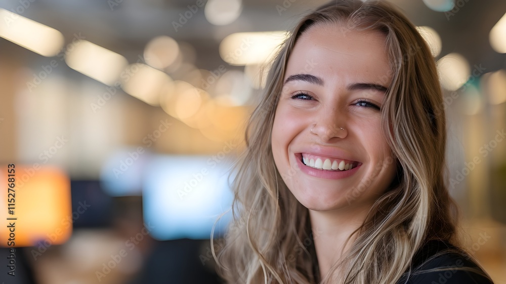 Confident Young Woman Smiling in a Bright Modern Office Environment Confident Young Woman Smiling in a Bright Modern Office Environment