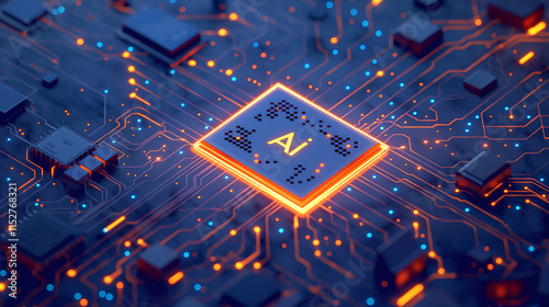 Glowing AI Processor Amid Intricate Circuitry