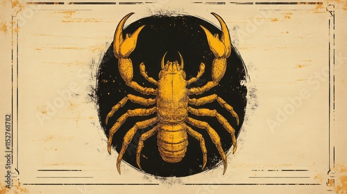 Vintage illustration of a golden scorpion in a dark circle on an aged paper background. photo