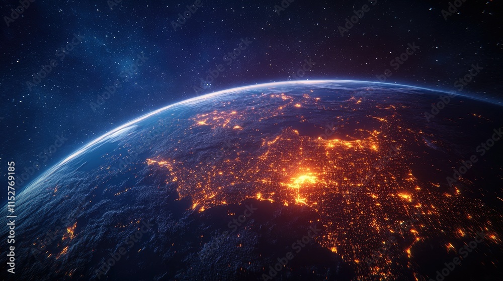 Fototapeta premium A satellite view of Earth at night, highlighting the eastern United States and parts of Central America and the Caribbean.