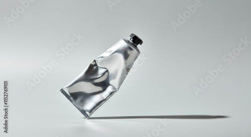 Crumpled metallic tube with cap, standing on surface photo