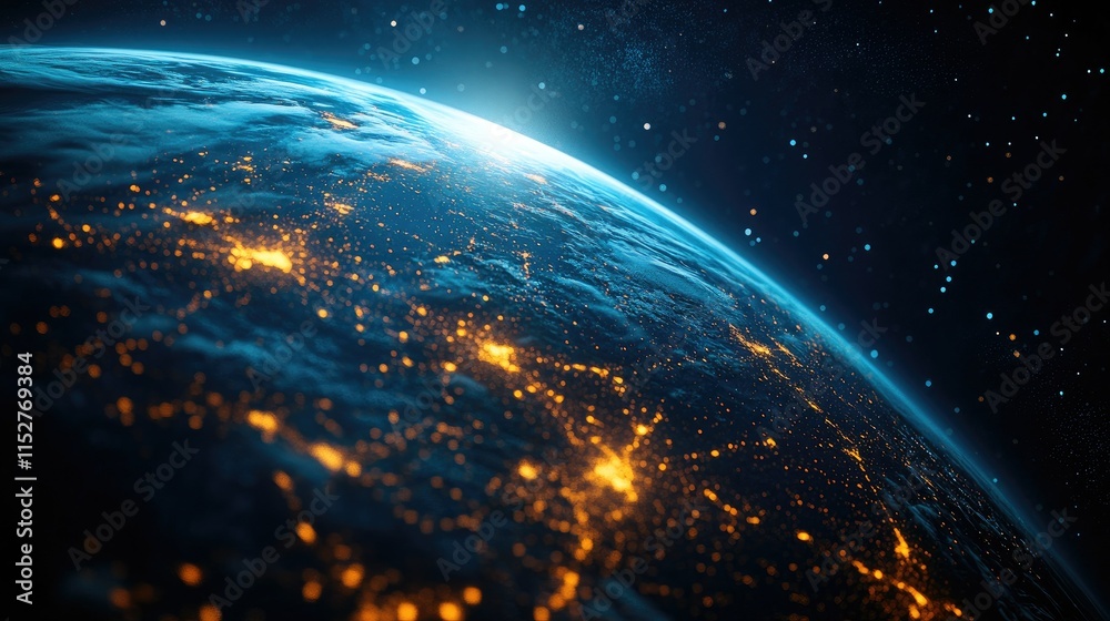 Obraz premium A satellite view of Earth at night, highlighting the eastern United States and parts of Central America and the Caribbean.