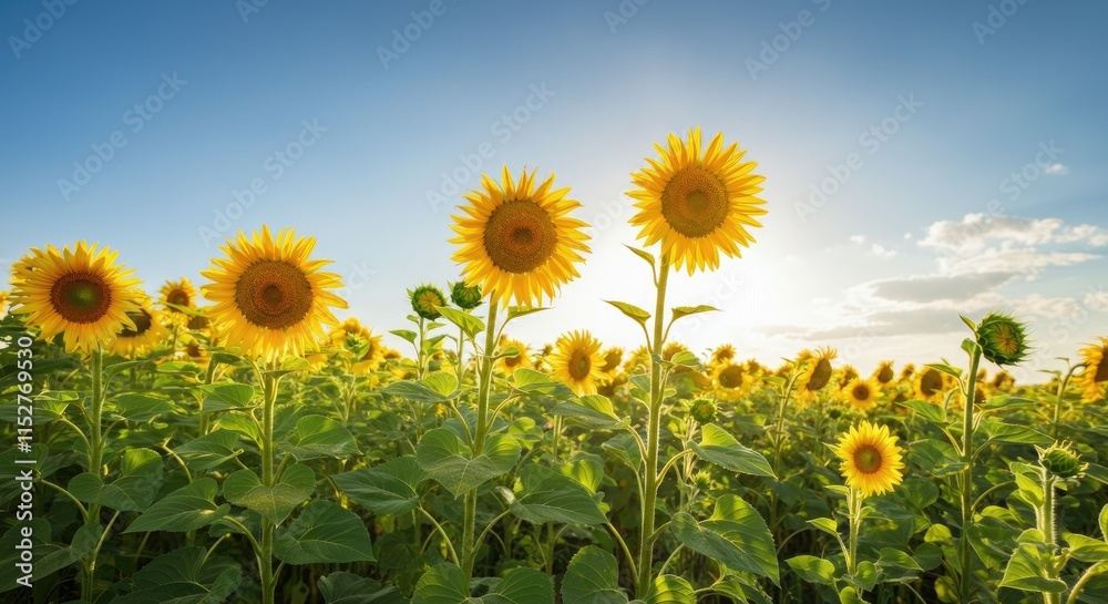Sunflowers in vibrant field under clear blue sky, showing nature's beauty Sunflowers in vibrant field under clear blue sky, showing nature's beauty