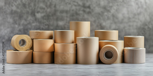 Packing tape rolls in various sizes and textures on gray background photo