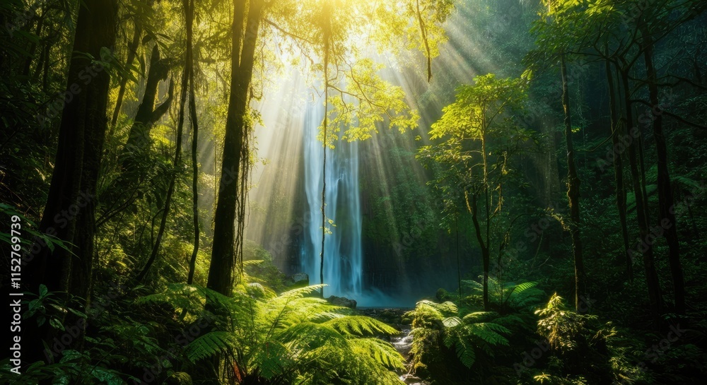 Obraz premium Lush forest with waterfall, sunlight filtering through trees
