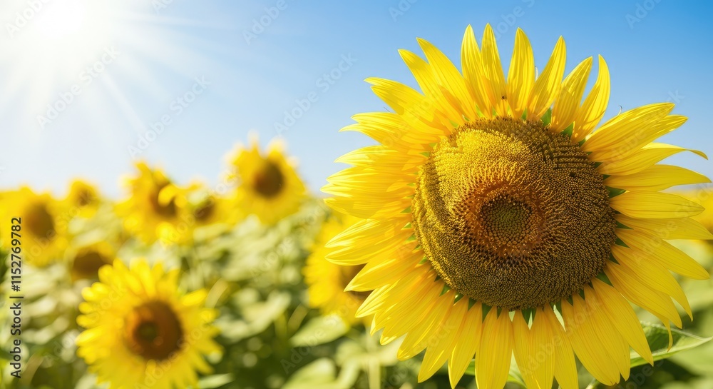 Bright sunflowers in sunlit field under blue sky Bright sunflowers in sunlit field under blue sky