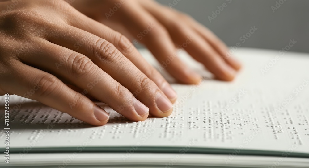 Hands reading Braille on page, tactile method for visually impaired Hands reading Braille on page, tactile method for visually impaired