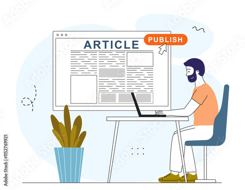 Publication of article. Man with laptop uploads article on Internet to website. Copywriter and content creator. Journalist and mass media. Digital document. Linear vector illustration