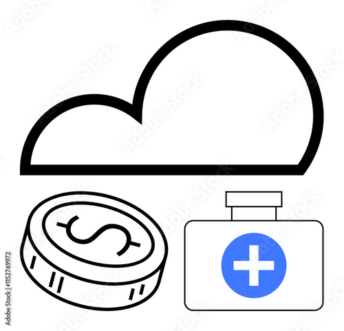 Coin with dollar sign, cloud symbol, and first aid kit featuring a blue cross. Ideal for health coverage, financial security, cloud services, digital health, online care, technology integration