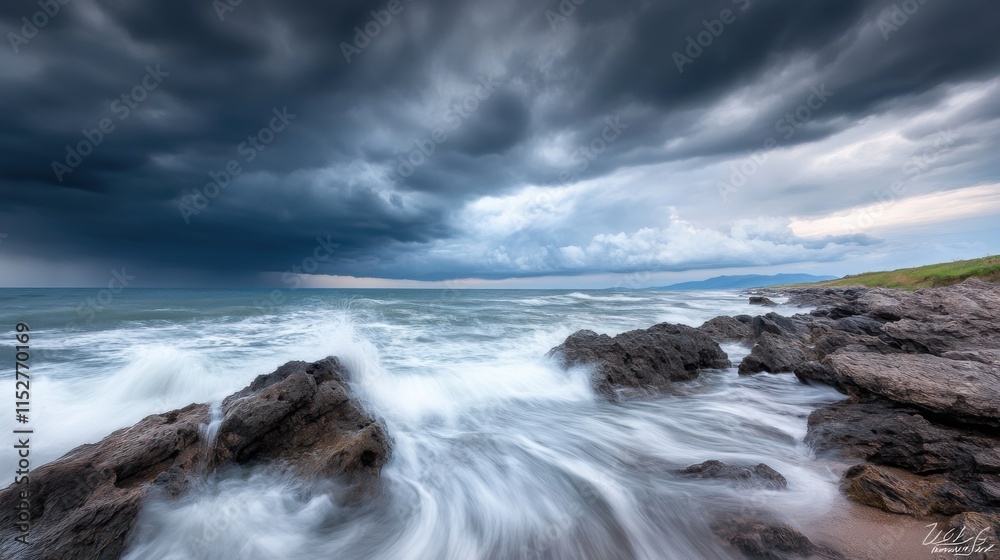Dramatic Seascape with Dark Storm Clouds Rolling Over Ocean Waves and Rocky Shoreline Dramatic Seascape with Dark Storm Clouds Rolling Over Ocean Waves and Rocky Shoreline